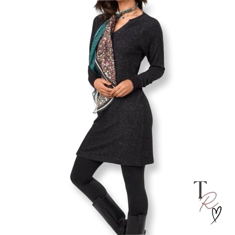 CAbi V-Neck Ruched Sleeve Sweater "PJ Dress" in Charcoal Grey/Black Heather  XXS
